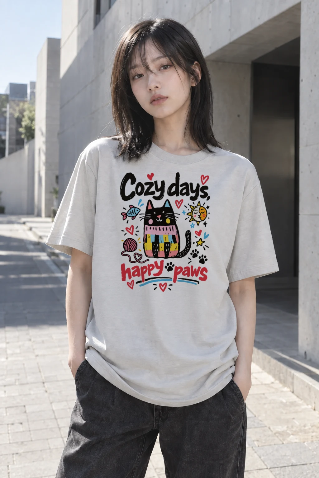 "Cozy Days Happy Paws" Heavyweight Unisex Crewneck T-shirt | Gildan 5000