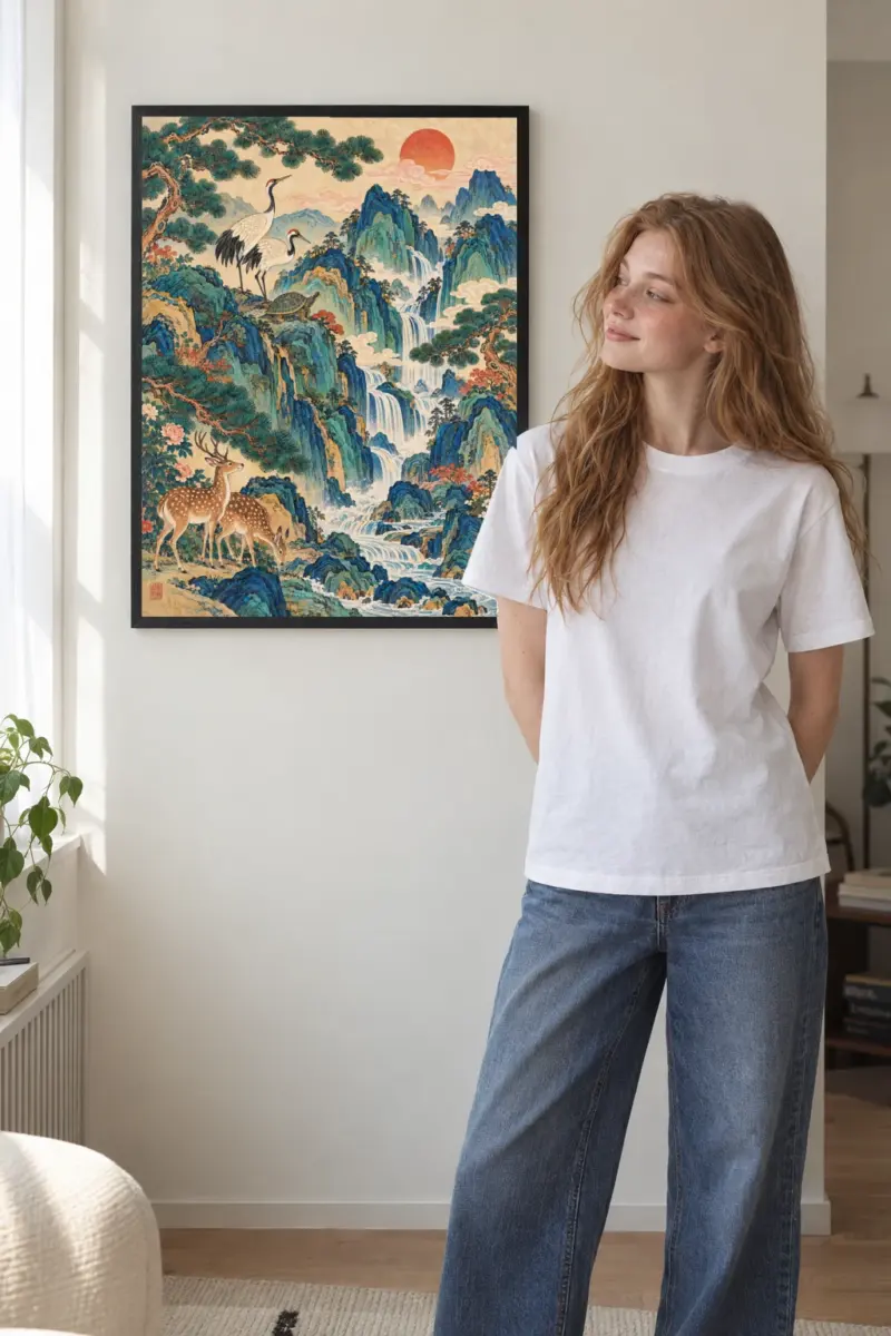 “Cranes and Pine” Premium Wooden Framed Poster