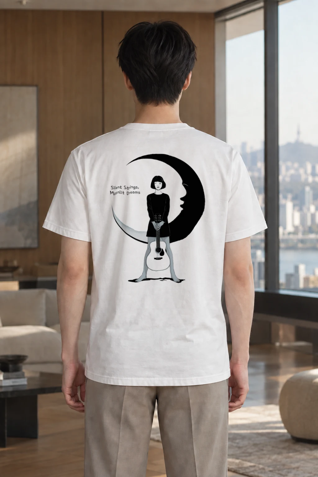 "Crescent Guitar Girl" Heavyweight Unisex Crewneck T-shirt | Gildan 5000