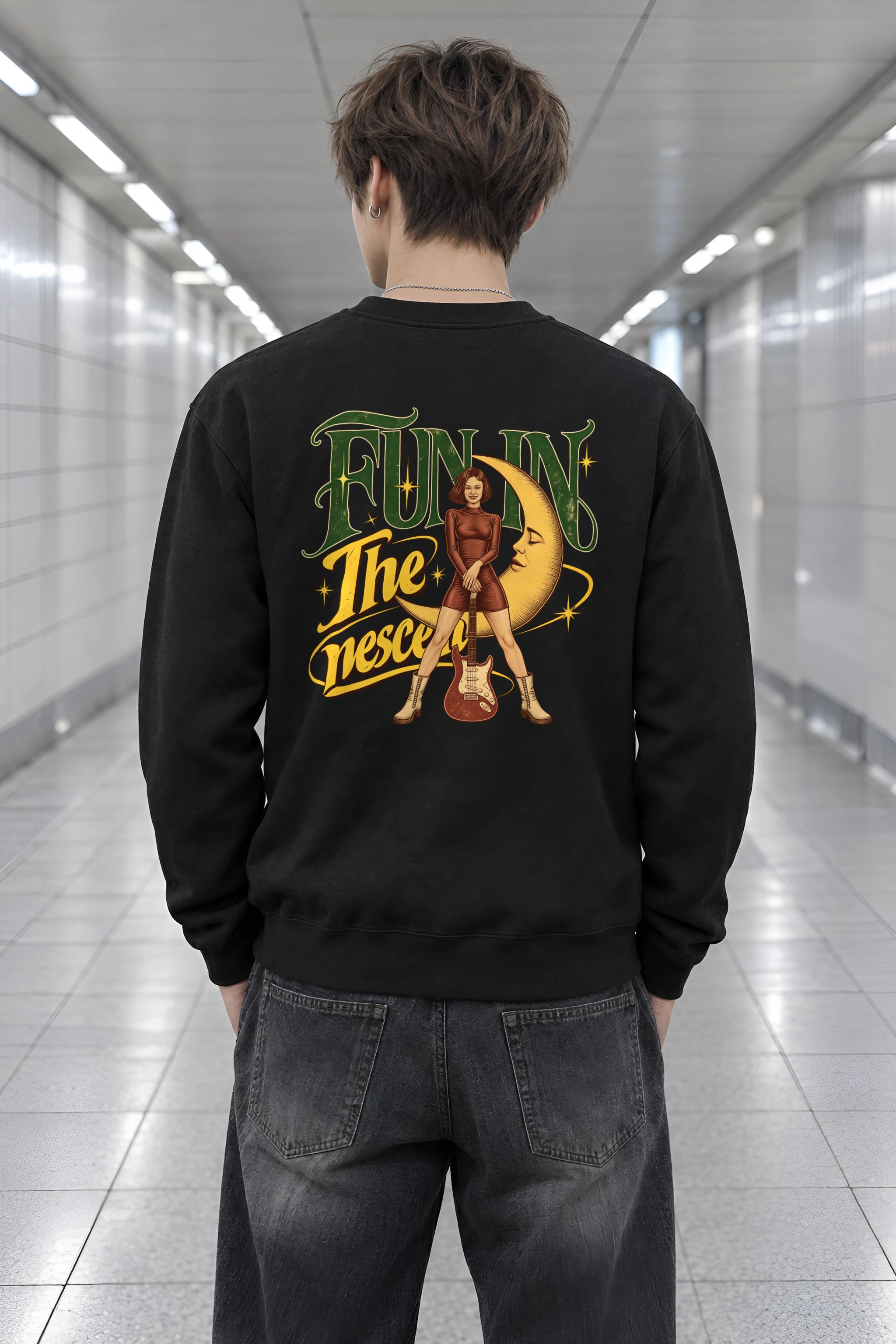 "Crescent Moon Guitarist" Heavy Blend Unisex Crewneck Sweatshirt