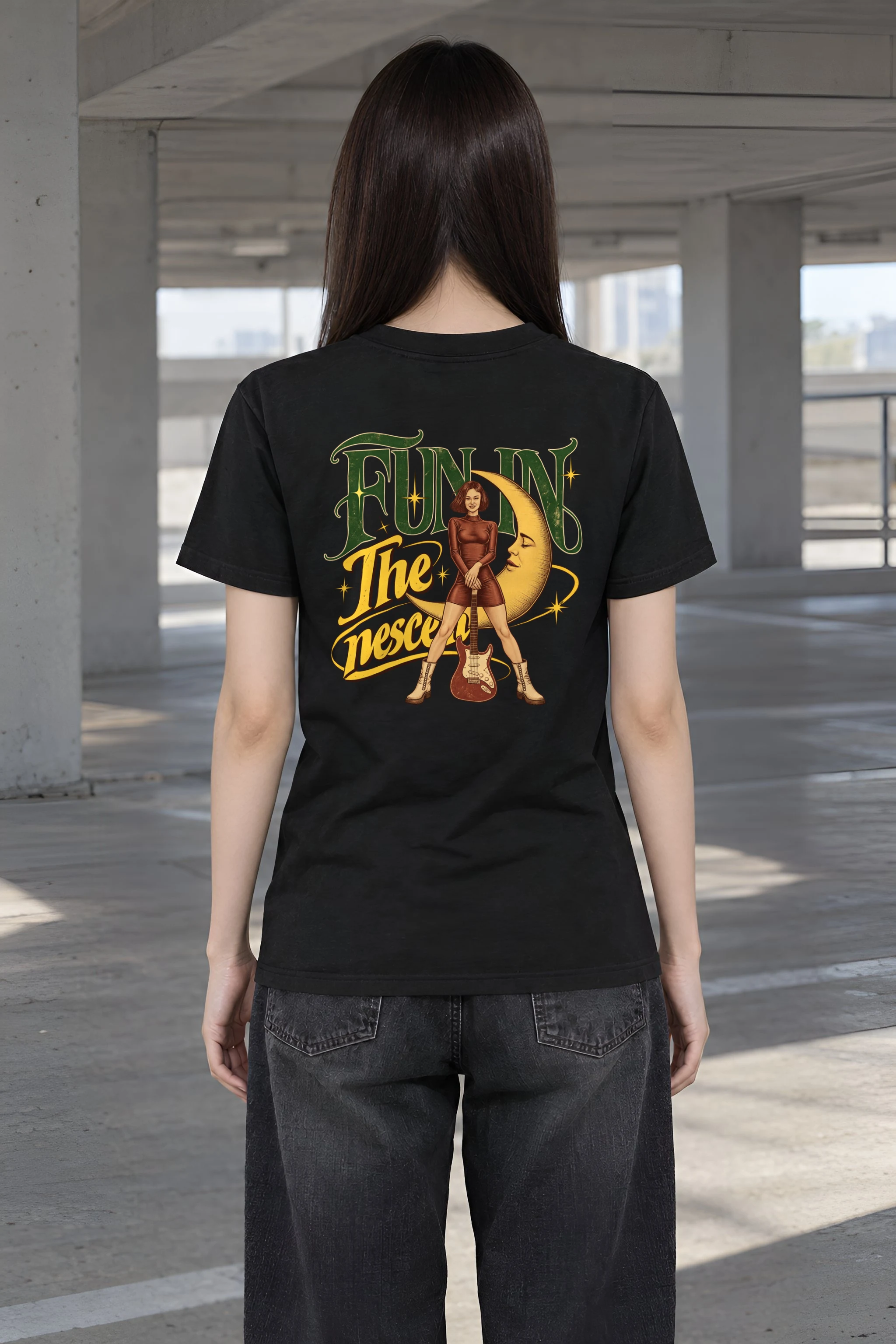 "Crescent Moon Guitarist" Heavyweight Unisex Crewneck T-shirt