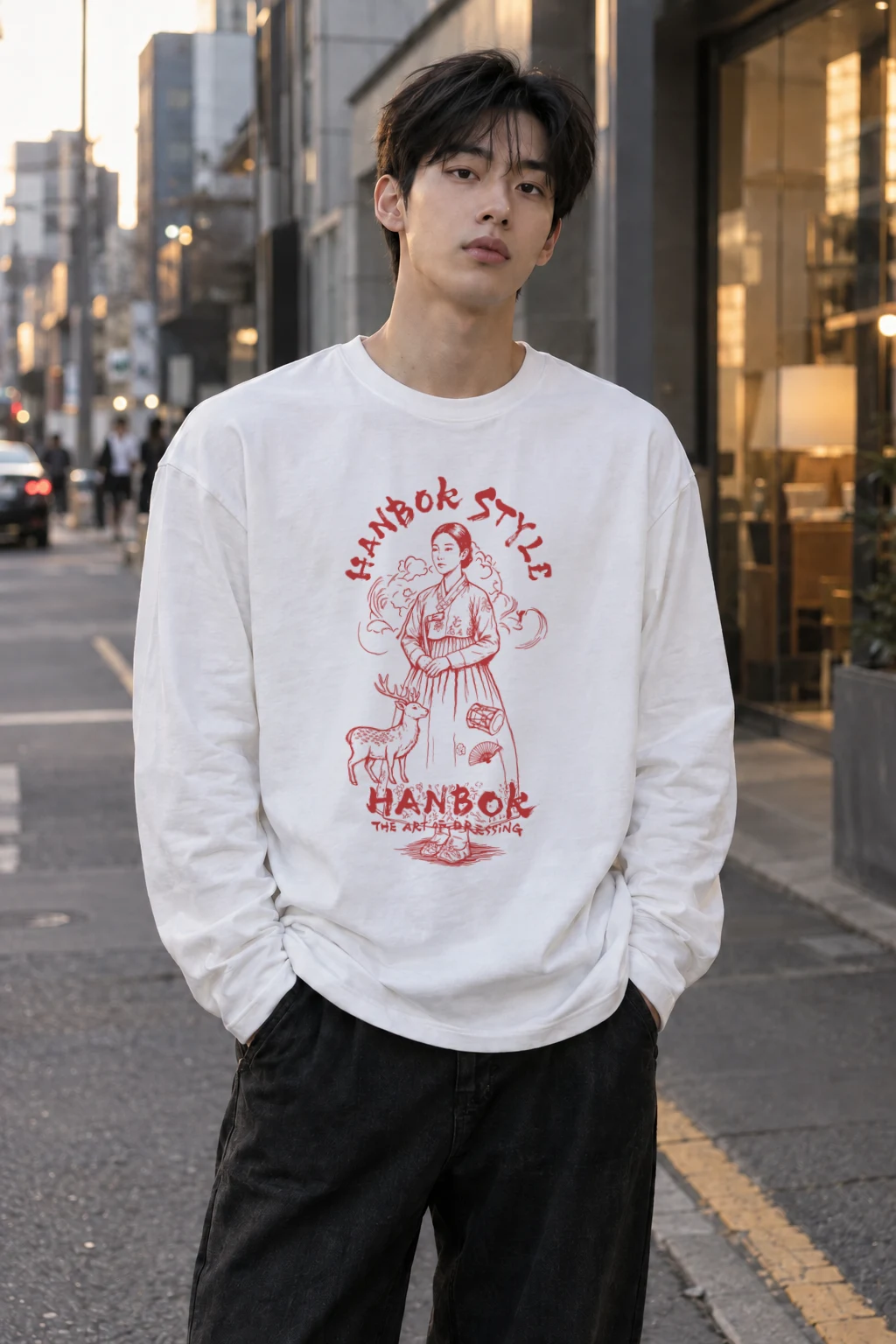 "Crimson Hanbok Muse" Unisex Longsleeve T-shirt | Gildan 2400