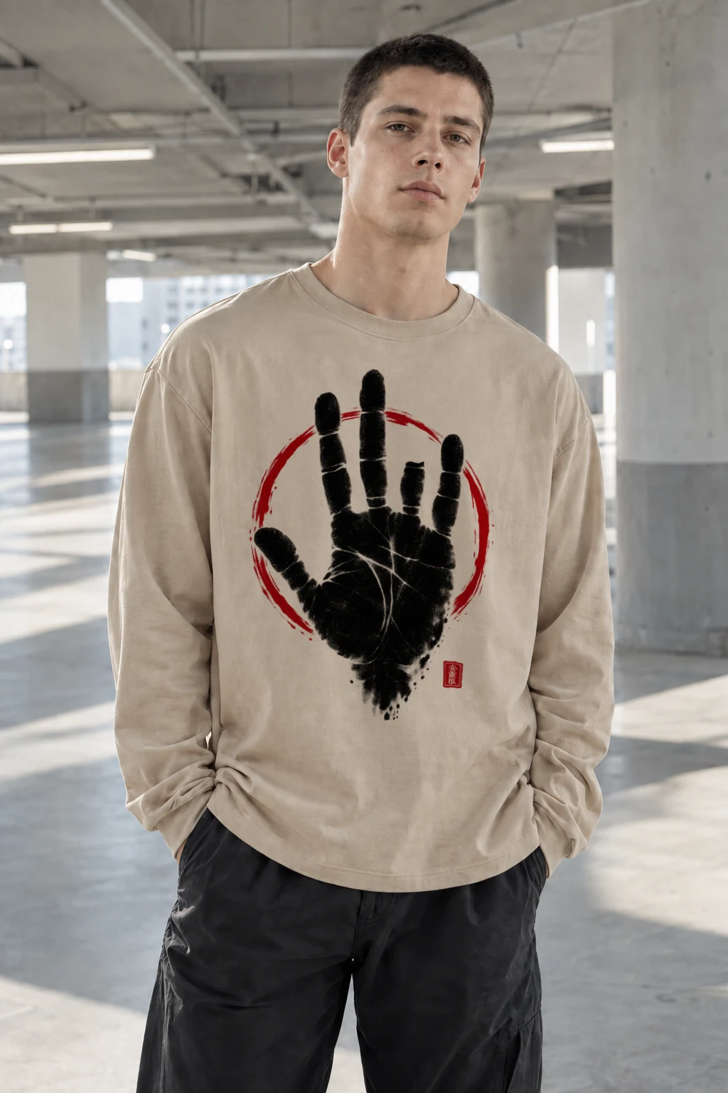 "Crimson Handprint Circle" Unisex Longsleeve T-shirt | Gildan 2400