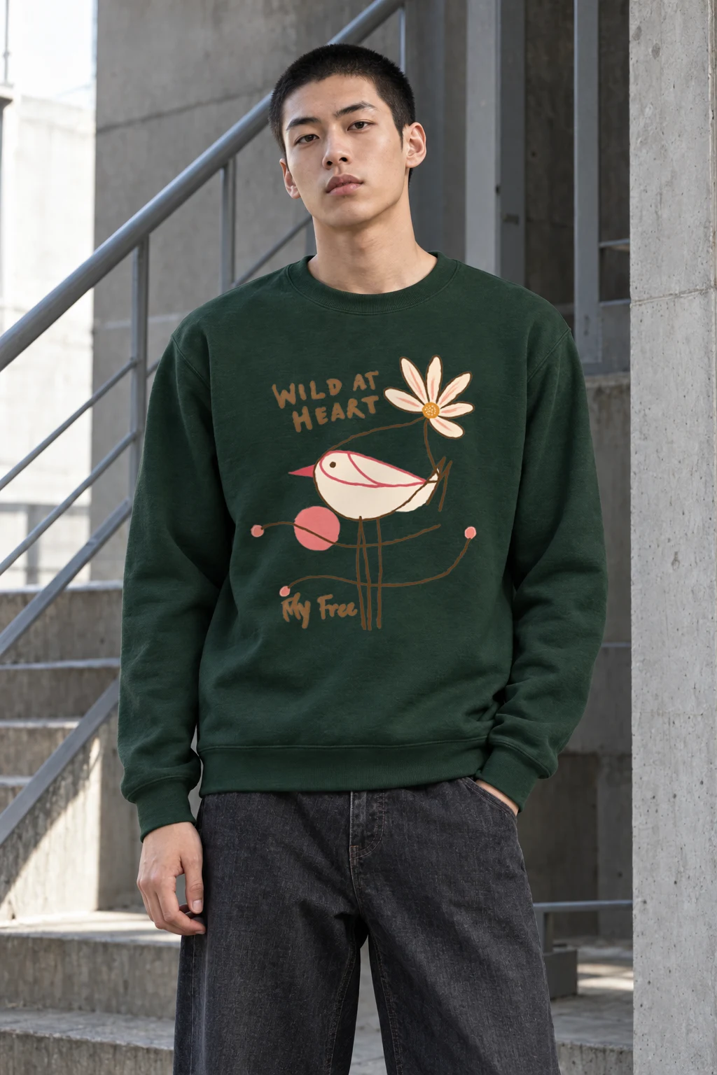 "Daisy Bird Illustration" Heavy Blend Unisex Crewneck Sweatshirt