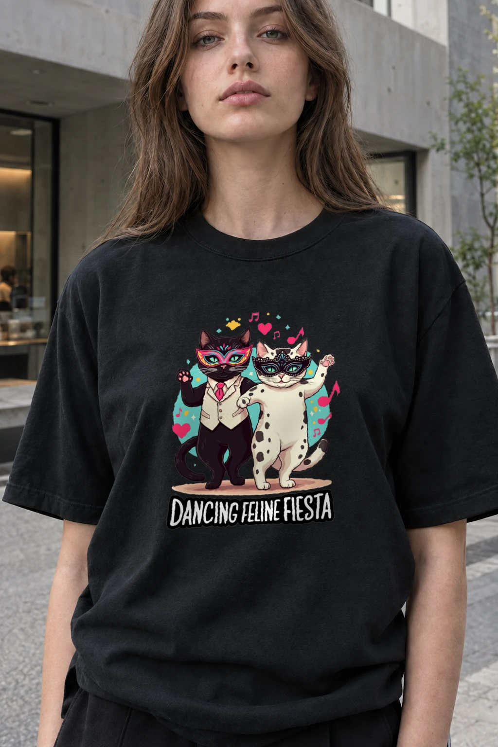 "Dancing Feline Fiesta" Heavyweight Unisex Crewneck T-shirt | Gildan 5000