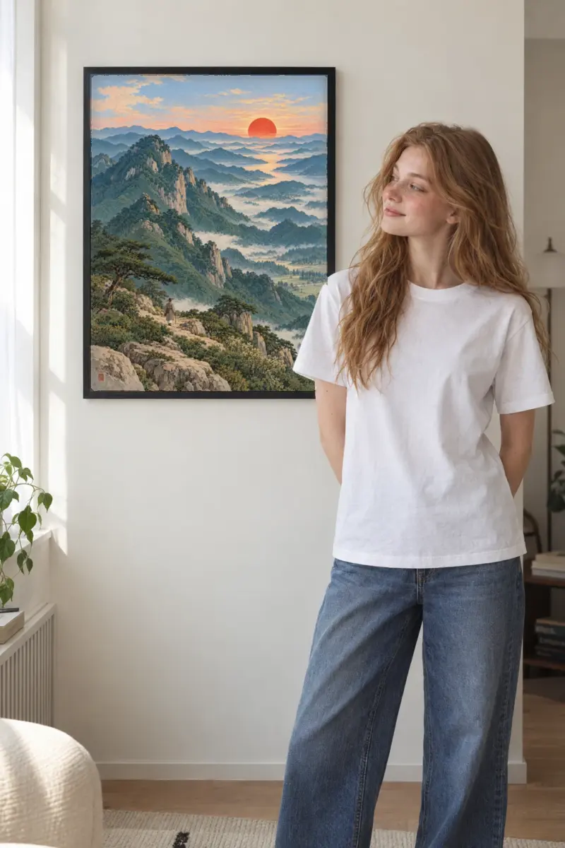 “Dawn Peaks Landscape” Premium Wooden Framed Poster
