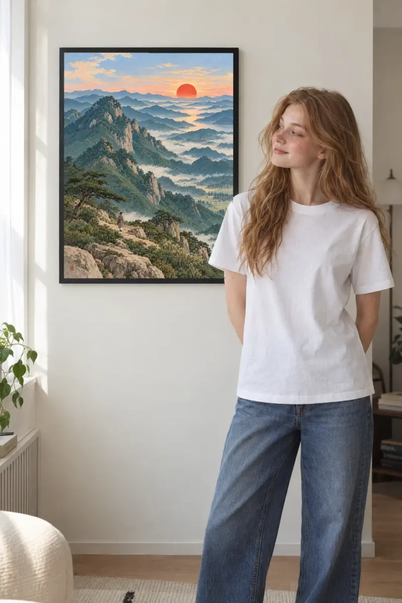 “Dawn Peaks Landscape” Premium Wooden Framed Poster