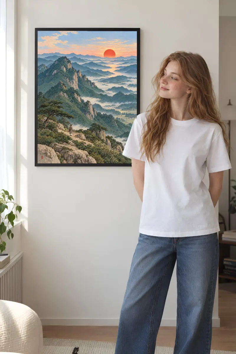 "Dawn Peaks Landscape" Premium Wooden Framed Poster