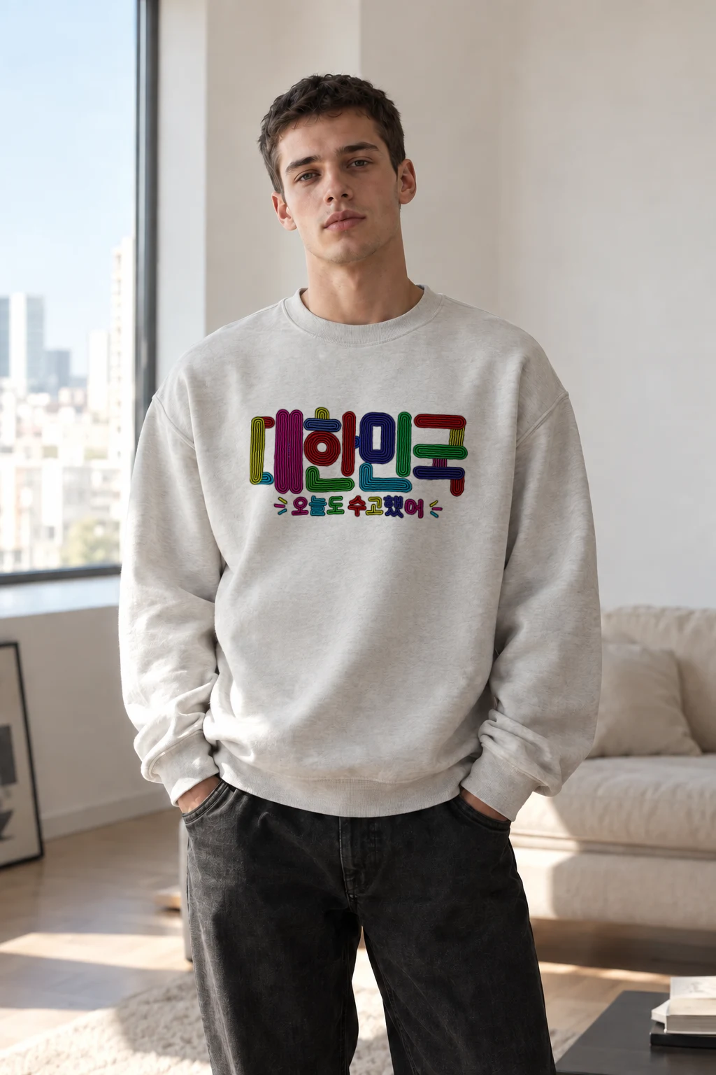 "내일도 수고했어" Heavy Blend Unisex Crewneck Sweatshirt | Gildan 18000