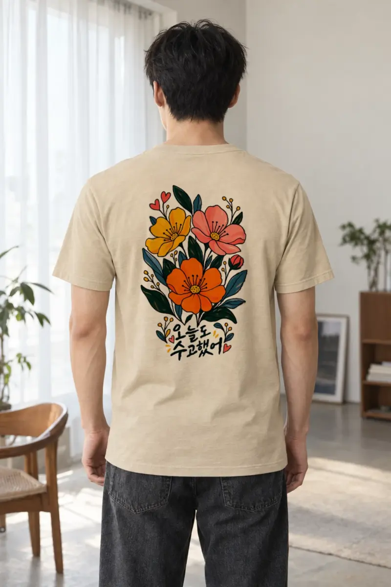 "오늘도 수고했어 Blooms" Heavyweight Unisex Crewneck T-shirt | Gildan 5000