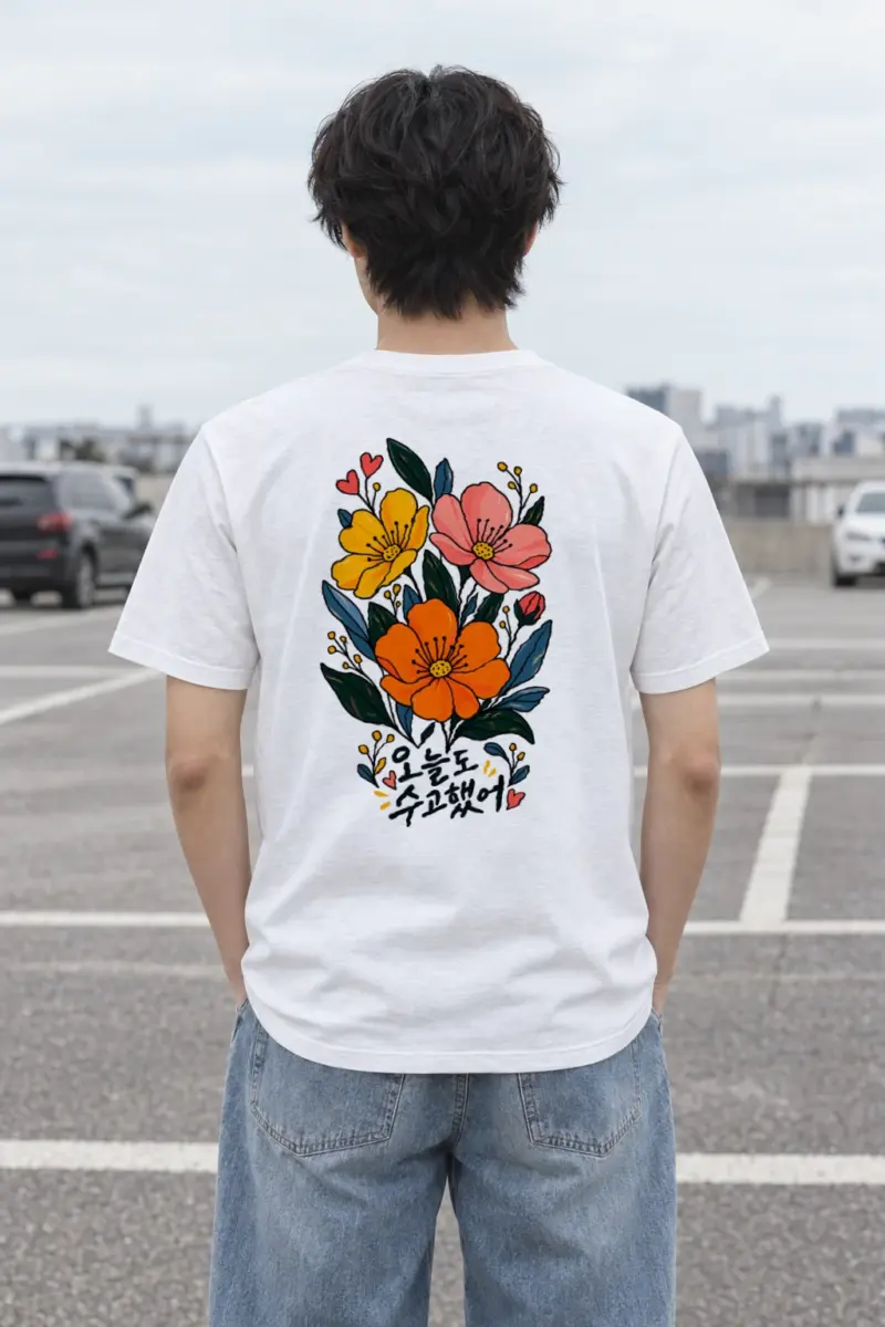 "오늘도 수고했어 Blooms" Heavyweight Unisex Crewneck T-shirt | Gildan 5000