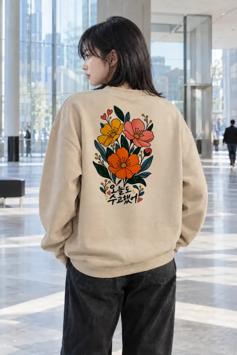"오늘도 수고했어 Flowers" Heavy Blend Unisex Crewneck Sweatshirt | Gildan 18000