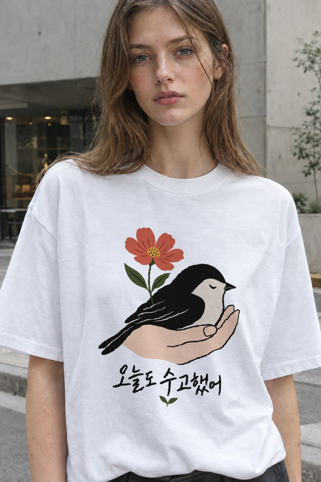 "오늘도 수고했어" Heavyweight Unisex Crewneck T-shirt | Gildan 5000
