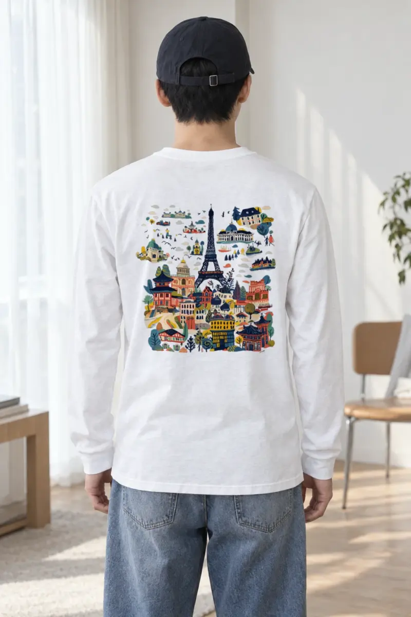 "Eiffel Tower Folk Art" Unisex Longsleeve T-shirt