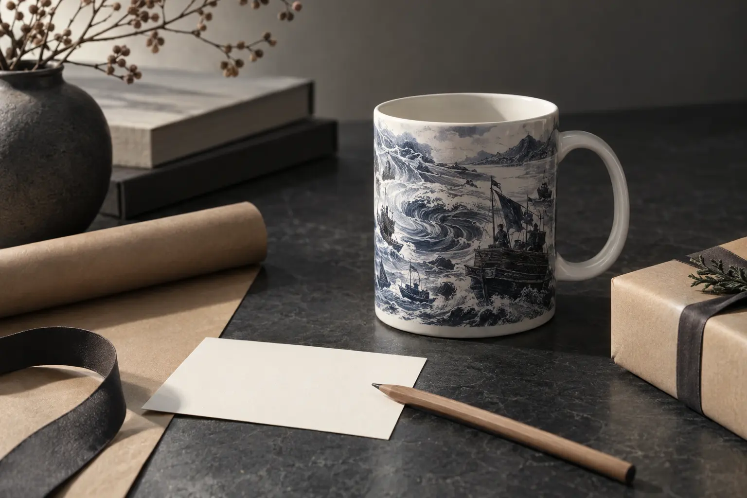 Photograph a restrained gift-planning scene with the supplied Myeongnyang vortex mug, a blank note card, a pencil and pl