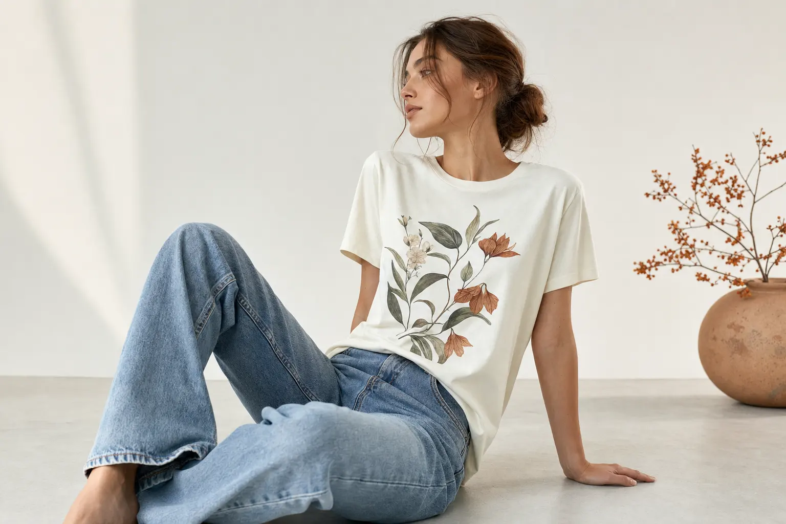 Detailed styling photograph of a botanical front-print tee paired with washed blue denim on a simple studio backdrop, sh
