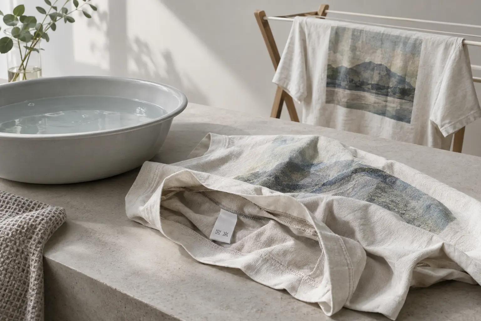 Close editorial still life of a printed cotton tee turned partly inside out beside a cool-water wash basin, a care label