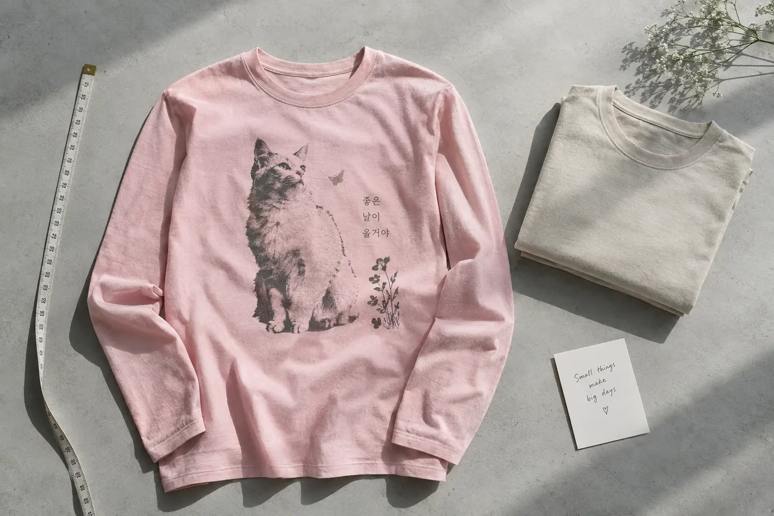 A close editorial composition showing a pink cat long-sleeve graphic laid beside a measuring tape, a folded neutral tee 