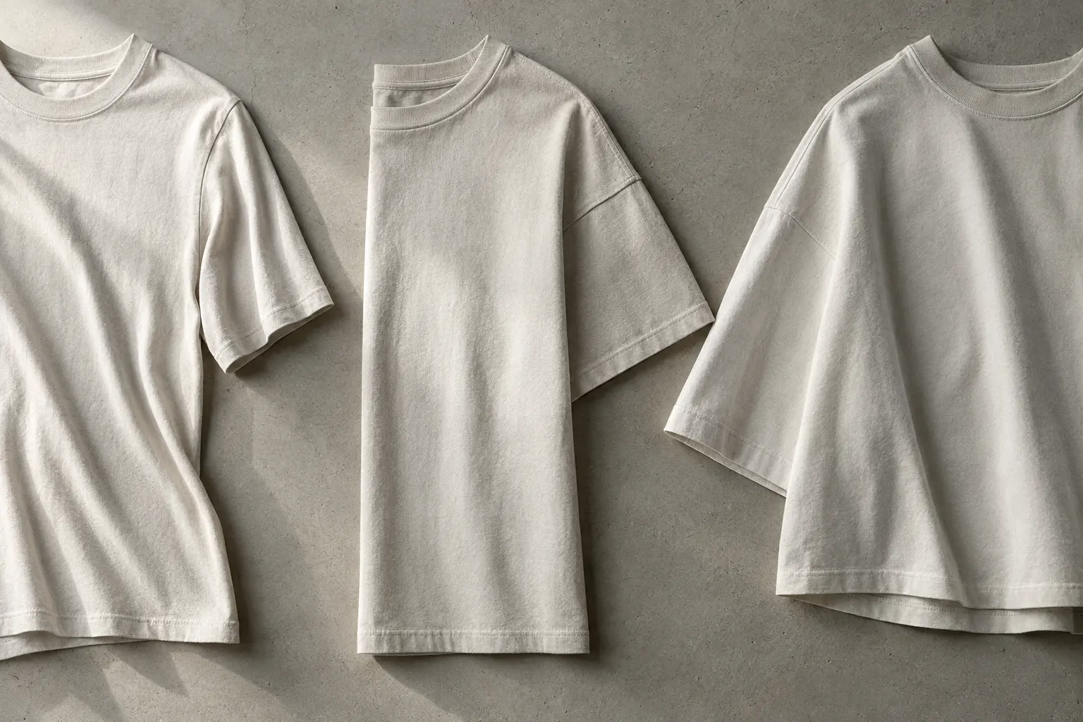 A close editorial comparison of three T-shirt shoulders and hems laid flat on a pale concrete table, showing a lighter d