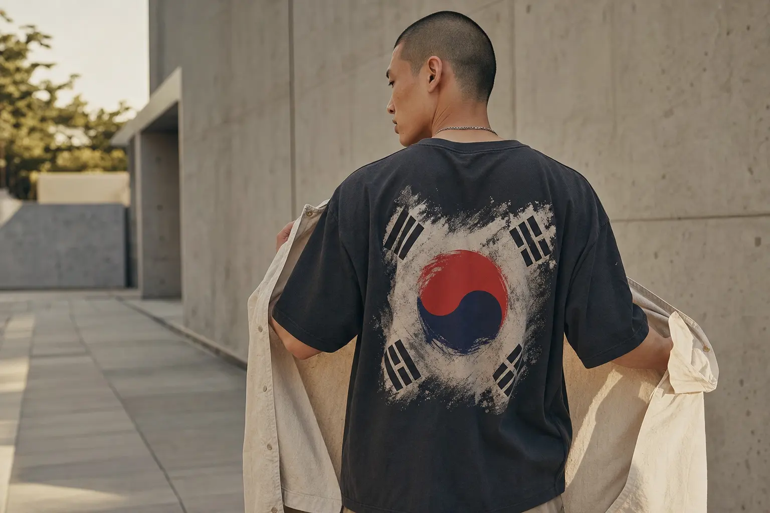 Street-style editorial scene focused on the back of a relaxed dark tee carrying an abstract Taegeukgi-inspired graphic,