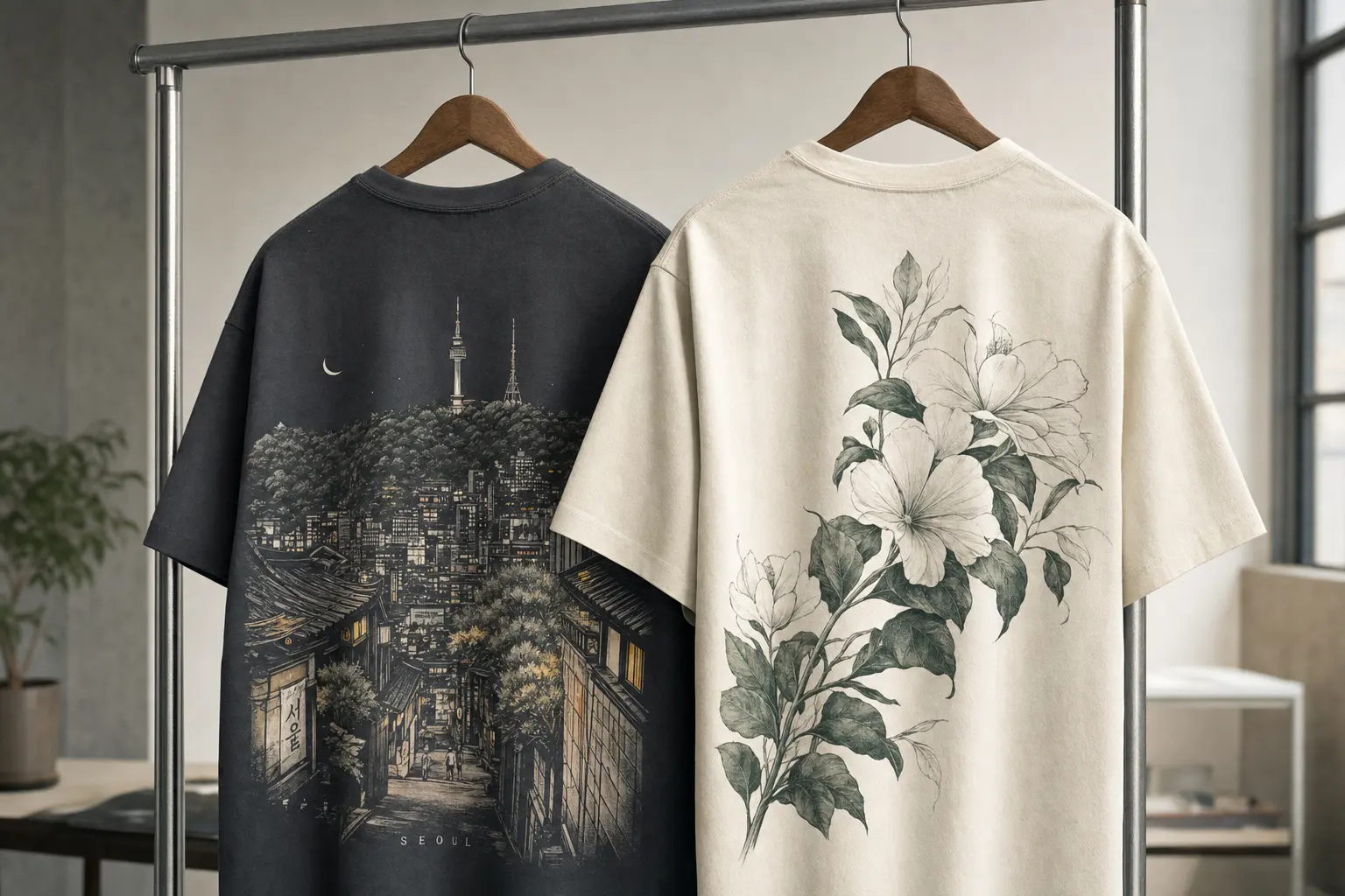 Close editorial crop of two heavyweight cotton graphic tees on a minimal clothing rack, one showing a dense Seoul night