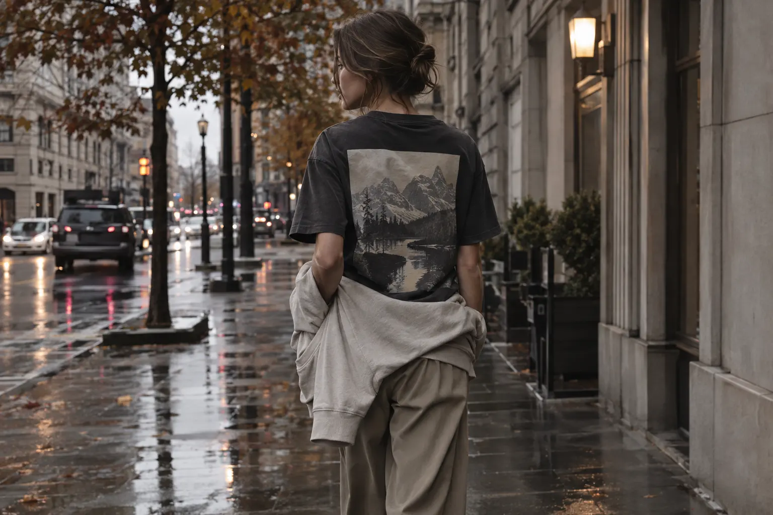 Street-style image illustrating back-print layering: a model in a dark graphic tee and neutral crewneck sweatshirt walks