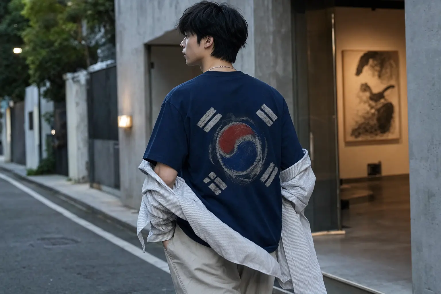 Street-style image focused on the back of a relaxed navy tee carrying an abstract Taegeukgi-inspired graphic, worn with 