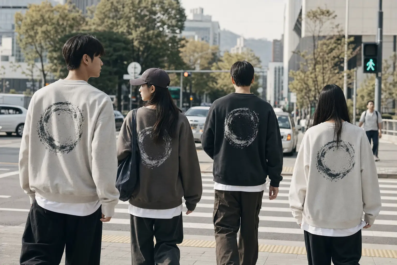 Street-level photo of an unisex crewneck worn by a group of friends crossing a Seoul intersection; focus on proportion a