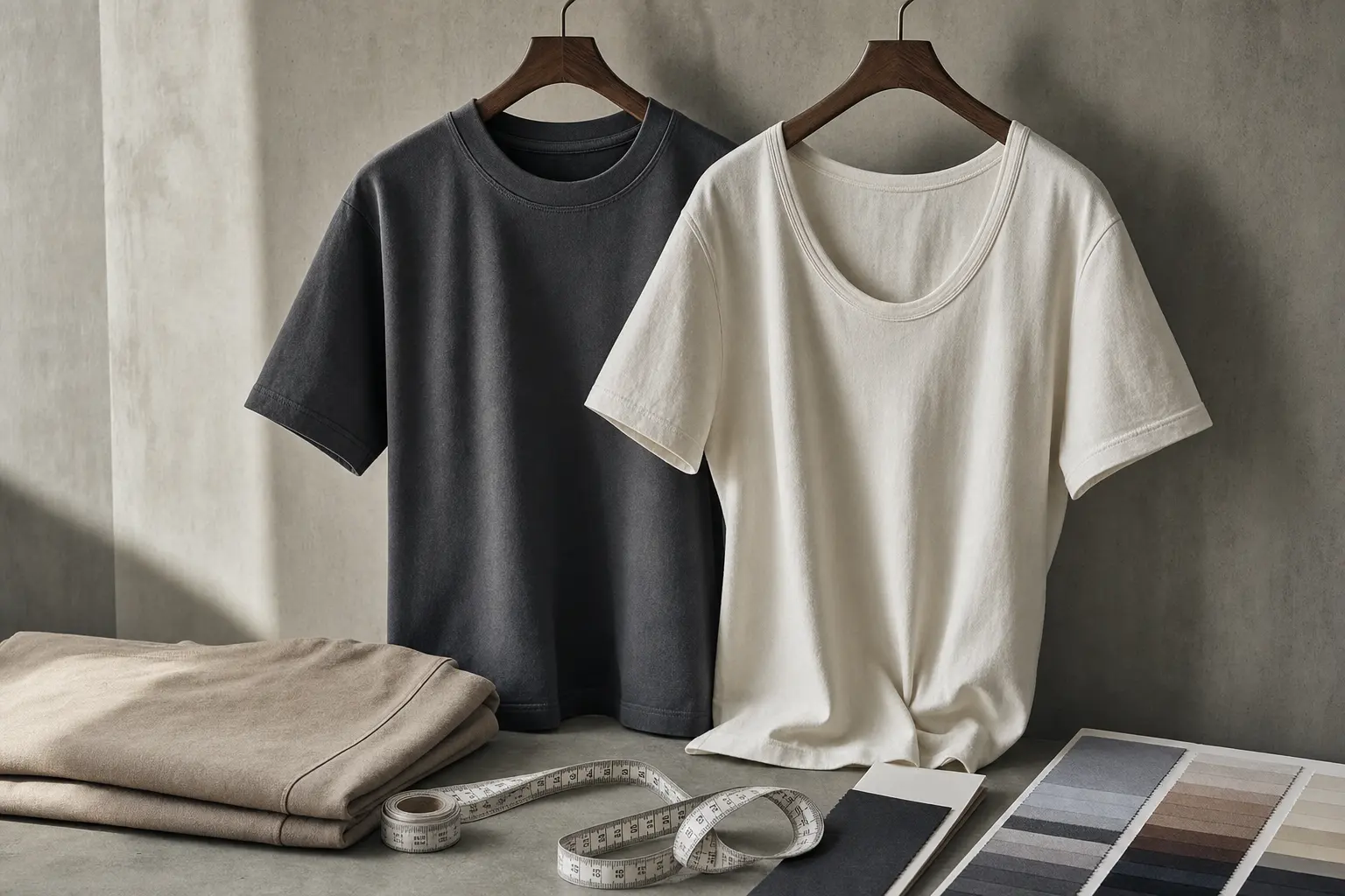 Close editorial wardrobe scene comparing a classic-fit heavyweight tee and a relaxed women’s tee on wooden hangers, with