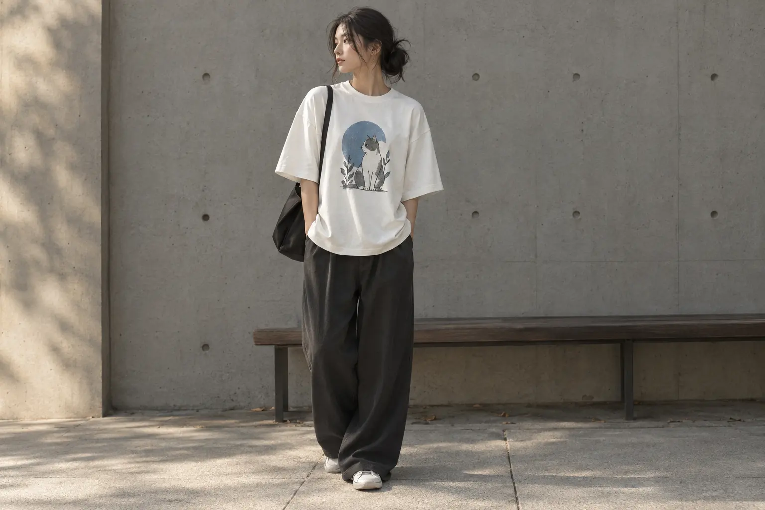 A modern street-style scene showing a relaxed Korean graphic tee styled with a controlled lower-half silhouette, the fro