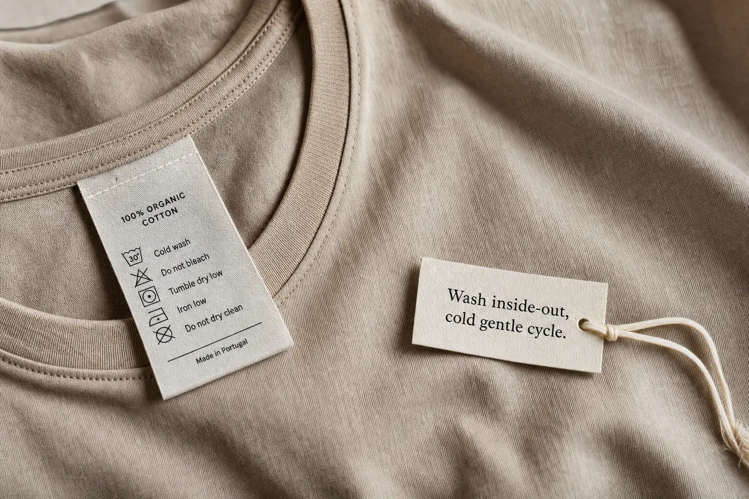 Product flat-lay of care label and washing instructions next to the tee, with a soft cotton texture visible and a small 