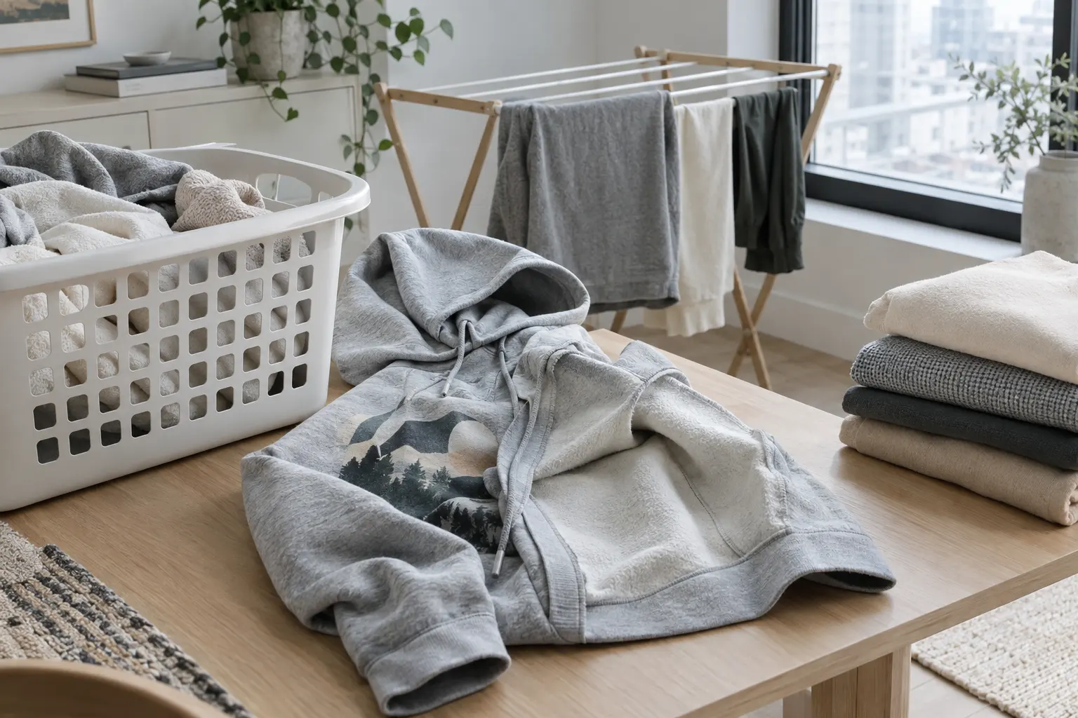 Create a lifestyle still life illustrating careful hoodie care: a graphic pullover turned partly inside out beside a was