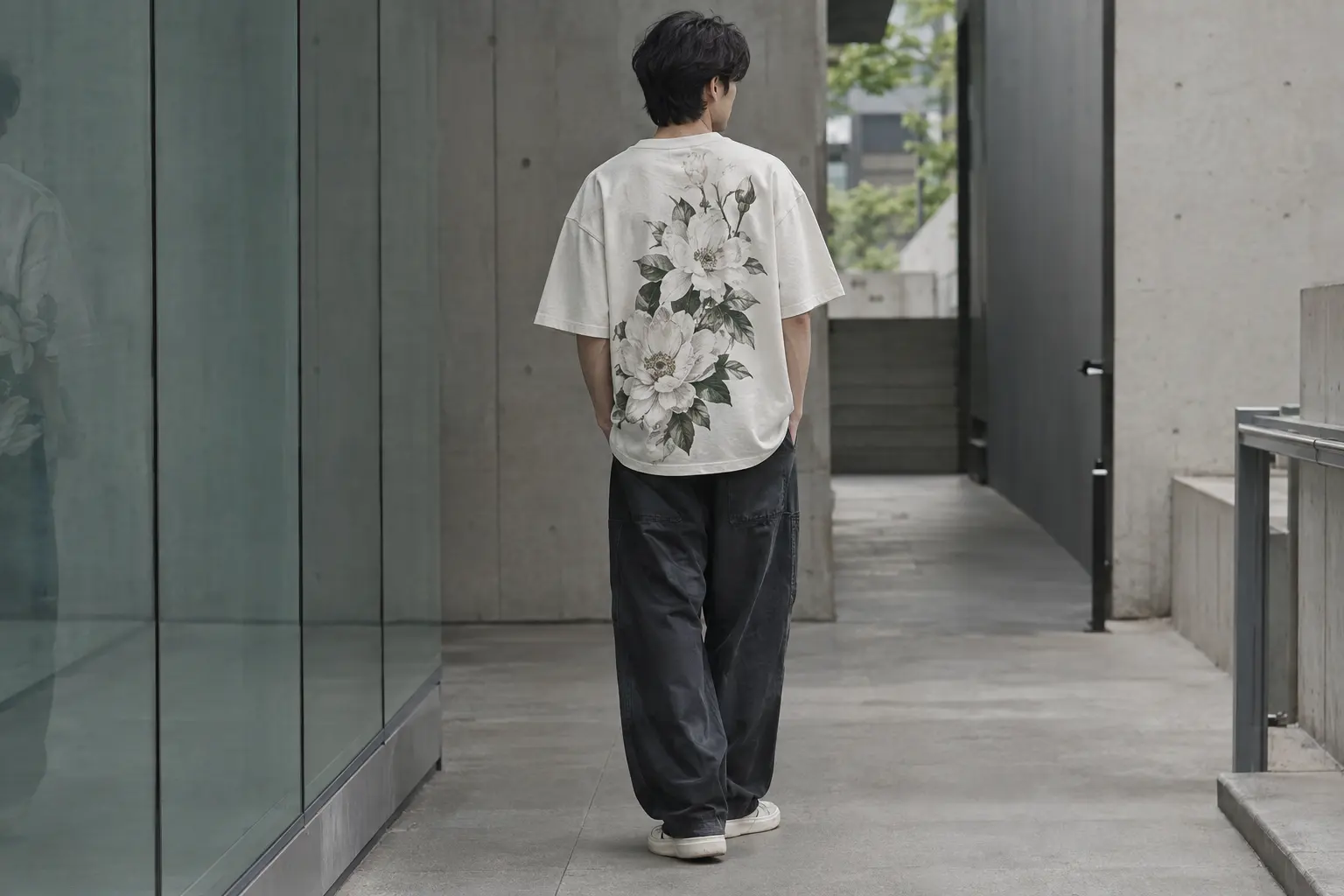 A Korean streetwear-inspired outfit scene focused on a relaxed boxy graphic T-shirt with a large floral back print, phot