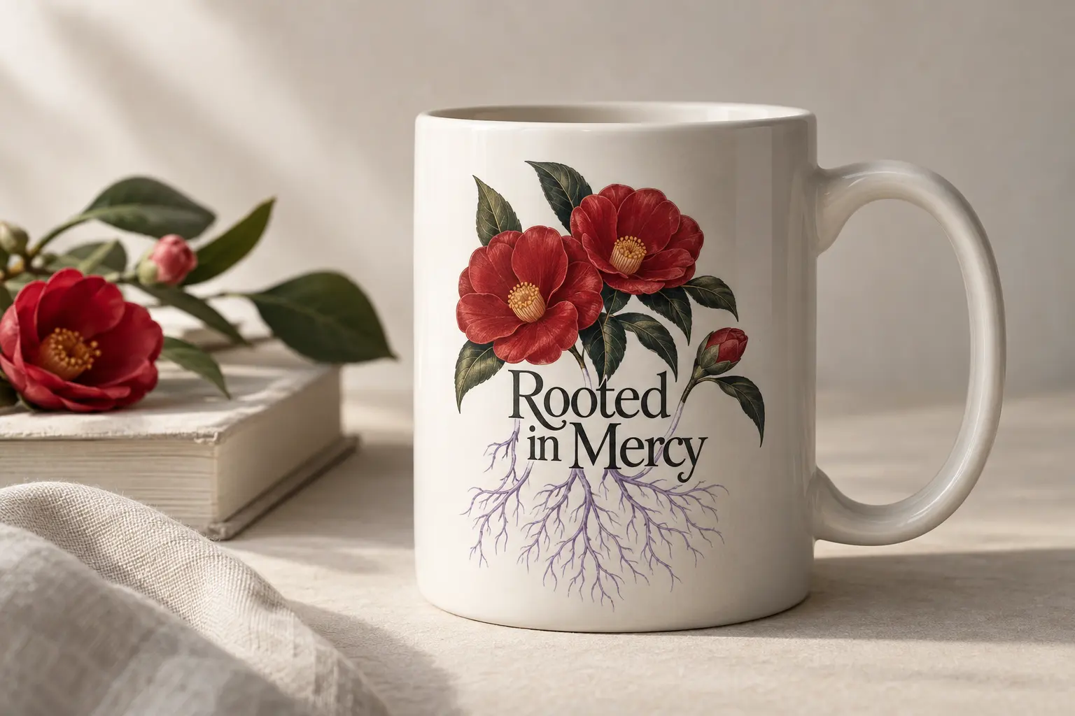 Show the supplied Rooted in Mercy mug artwork faithfully in a close three-quarter product composition, emphasizing the r