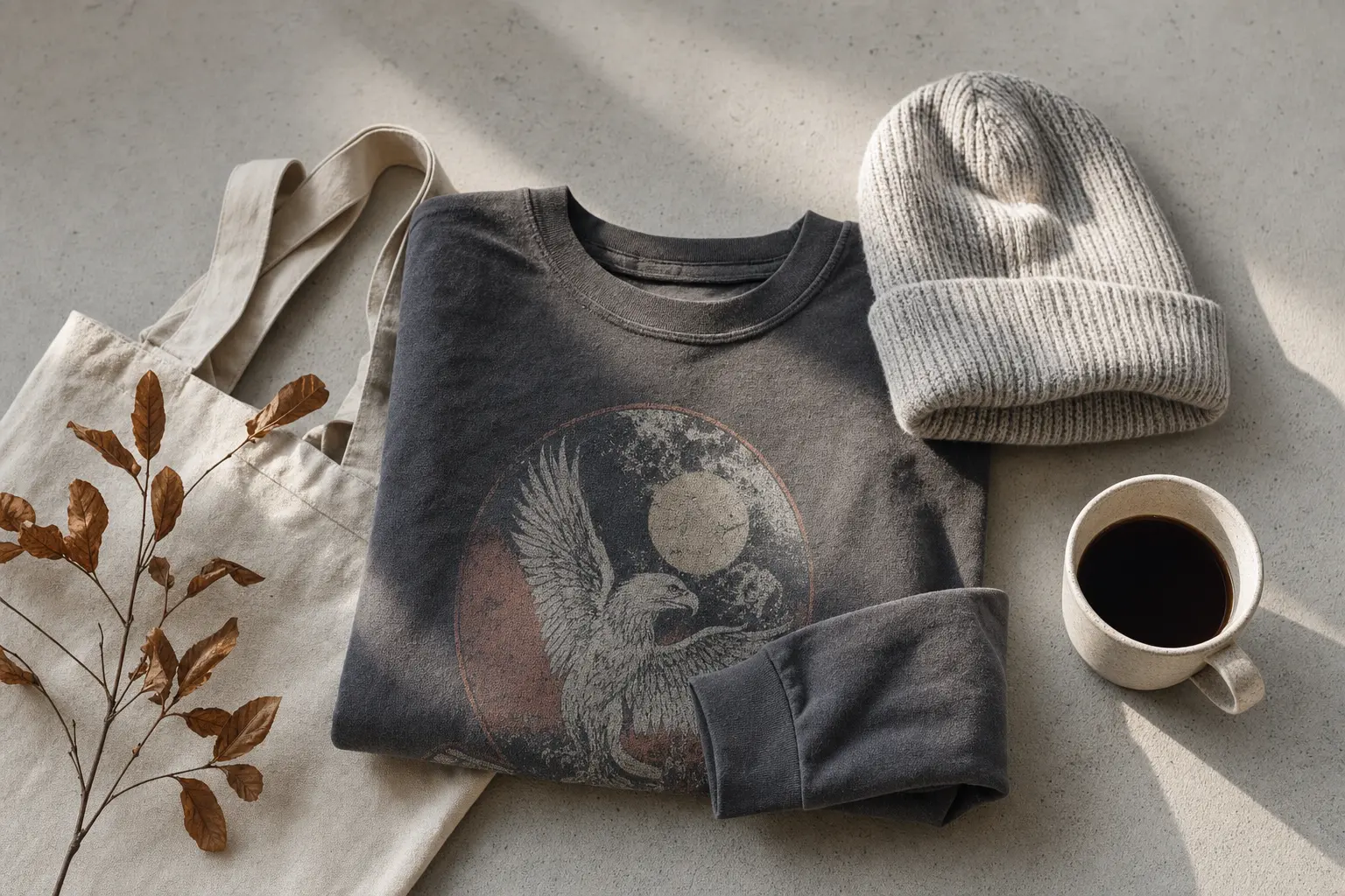 Styling still-life for autumn: a long sleeve with a vintage front graphic folded next to a canvas tote, a beanie, and a