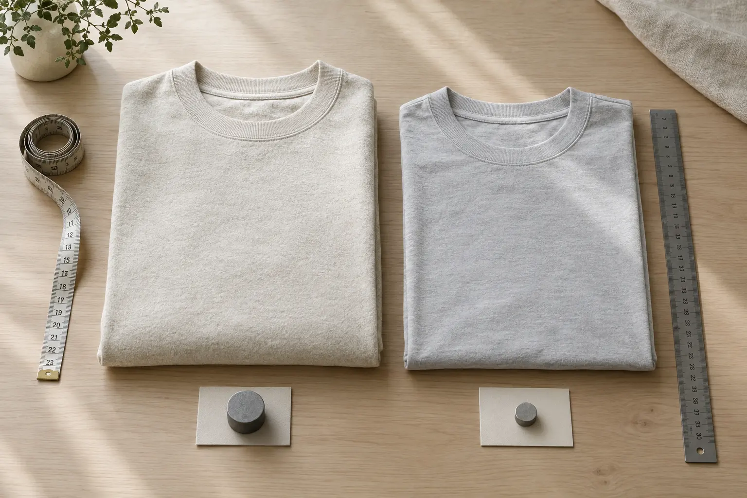 A close editorial comparison of two folded crewneck T-shirts on a pale wood table, with a measuring tape, fabric ruler a