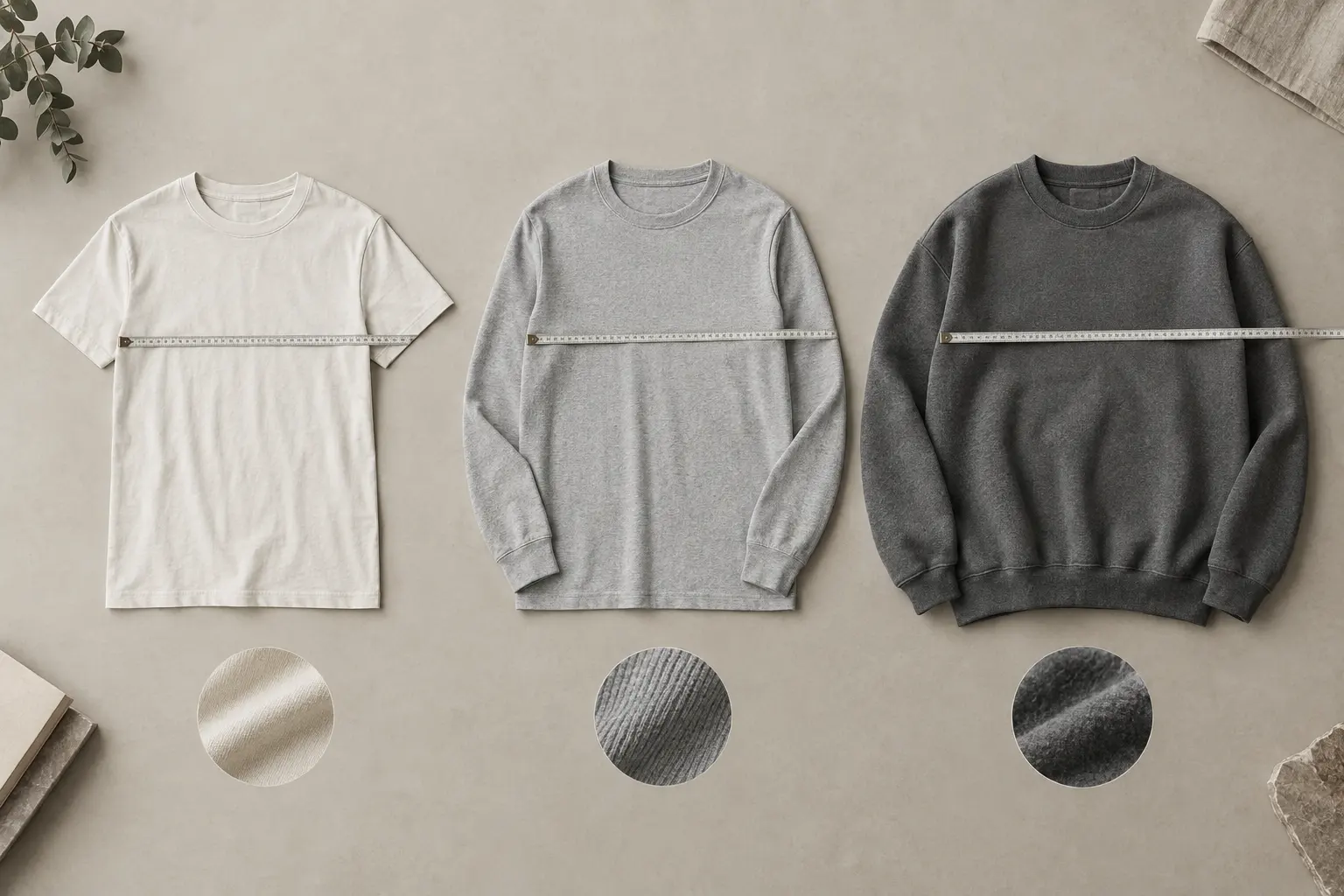 A flat-lay comparison of a classic short-sleeve tee, a rib-cuffed long-sleeve and a relaxed fleece crewneck arranged fro