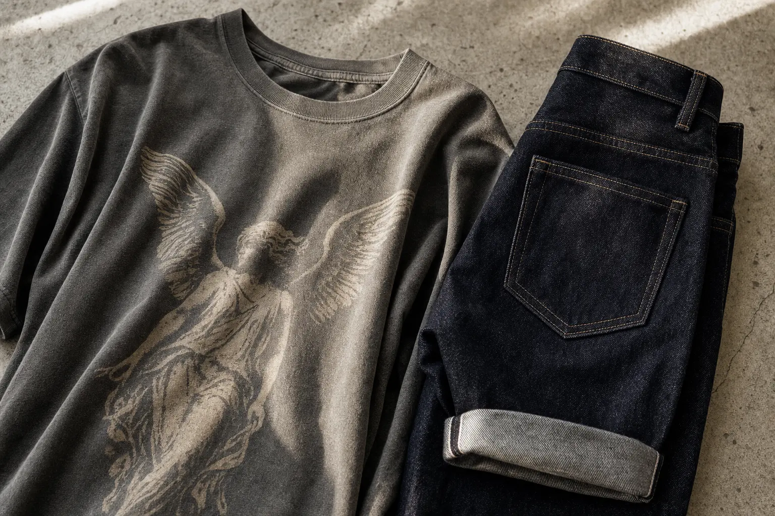 A close editorial flat lay showing a heavyweight graphic tee beside rigid dark denim, with the shirt artwork facing upwa