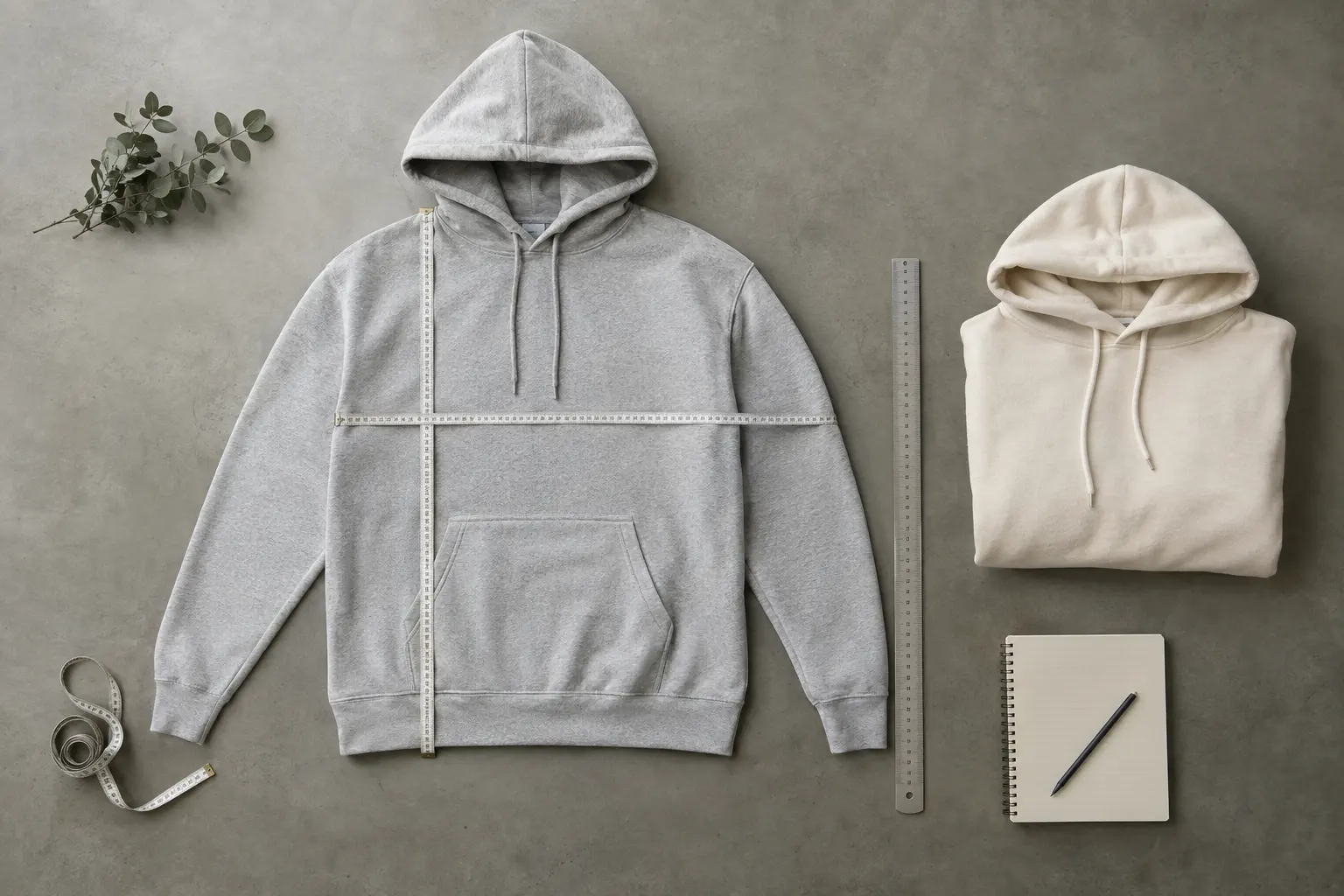 Photograph a flat-lay sizing study on a neutral studio floor: a pullover hoodie spread smoothly beside a measuring tape,