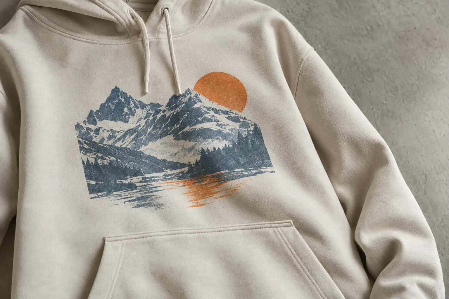 Show a close editorial crop of a printed hoodie front with the upper-chest graphic clearly separated from the pouch pock
