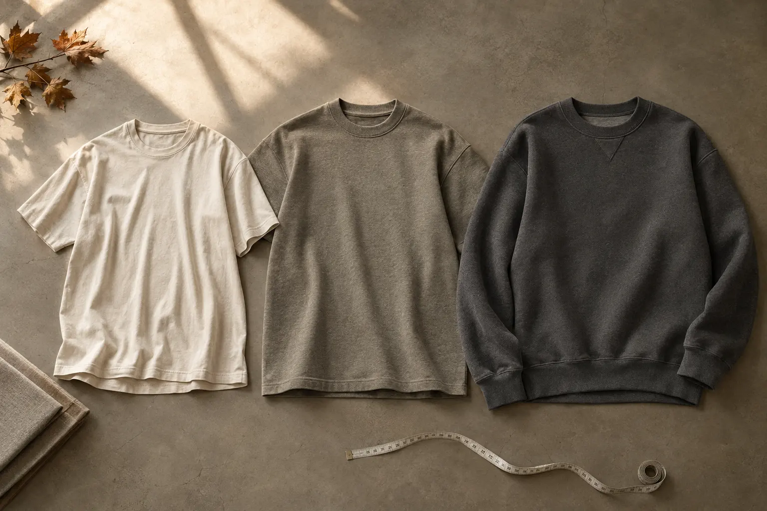 Flat-lay composition showing a relaxed graphic tee, a heavyweight tee, and a brushed crewneck sweatshirt arranged in a c