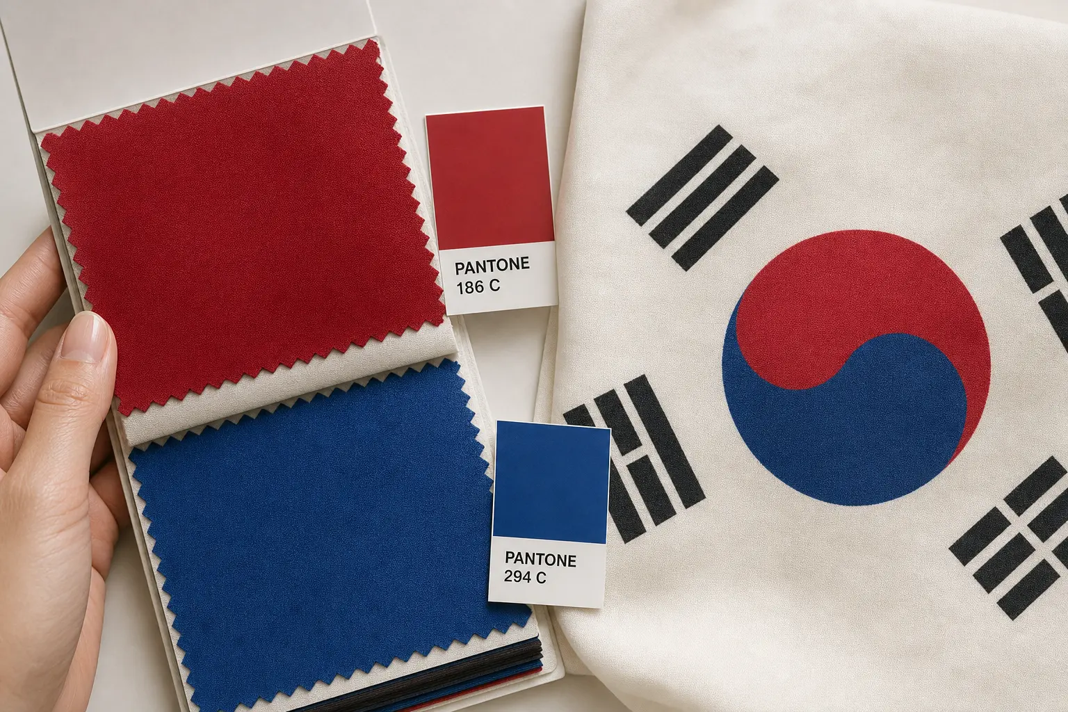 Close-up studio shot of a hand holding a tafeta-like swatch book next to a printed Taegeukgi motif on combed cotton, wit