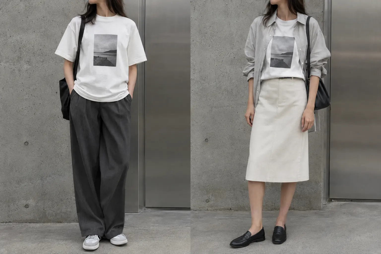 A street-style composition showing a model from shoulders to knees wearing a centered graphic tee with quiet neutral clo