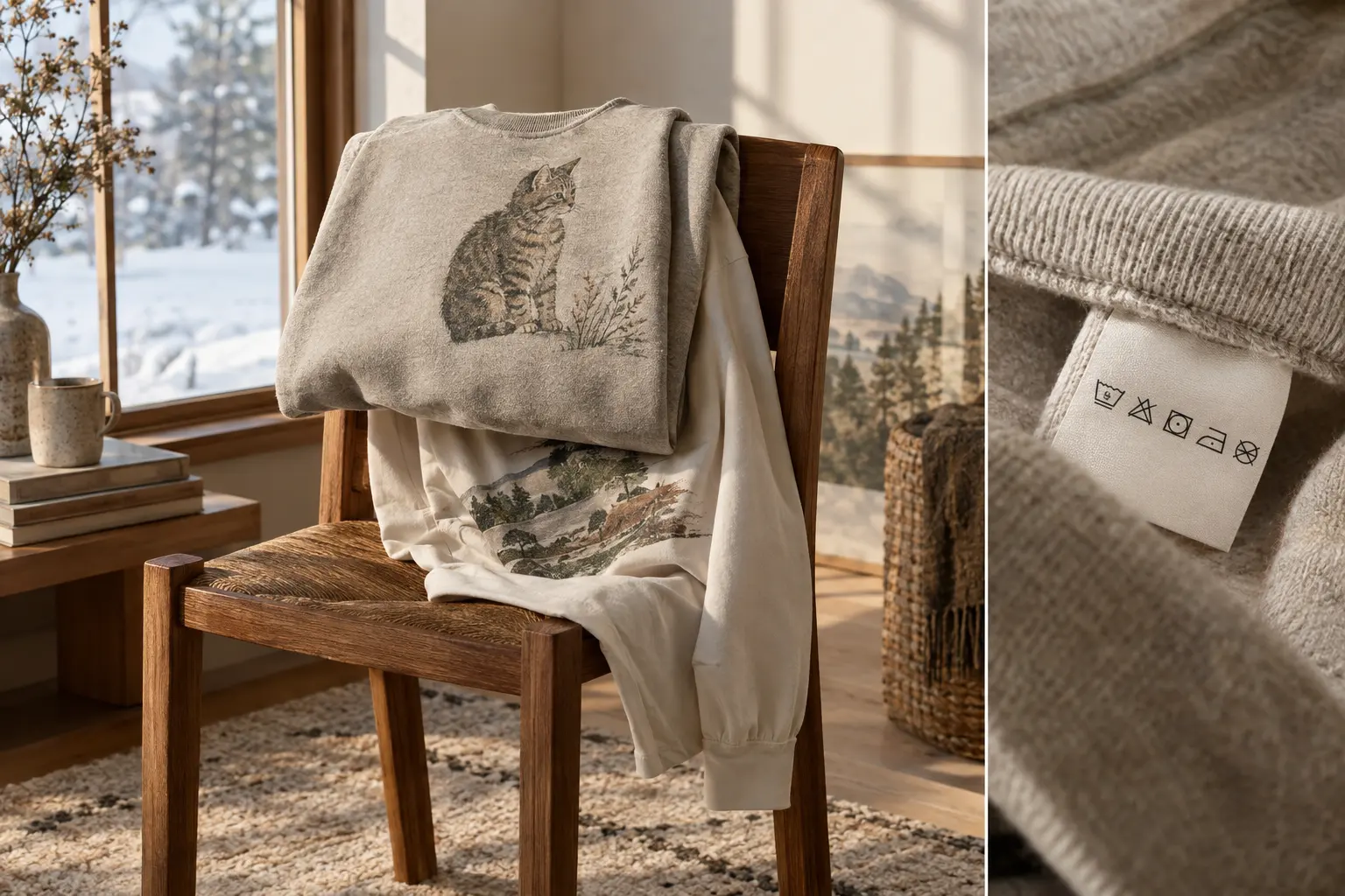 A quiet winter interior scene with a muted illustrated tabby sweatshirt folded over a wooden chair, a long-sleeve graphi