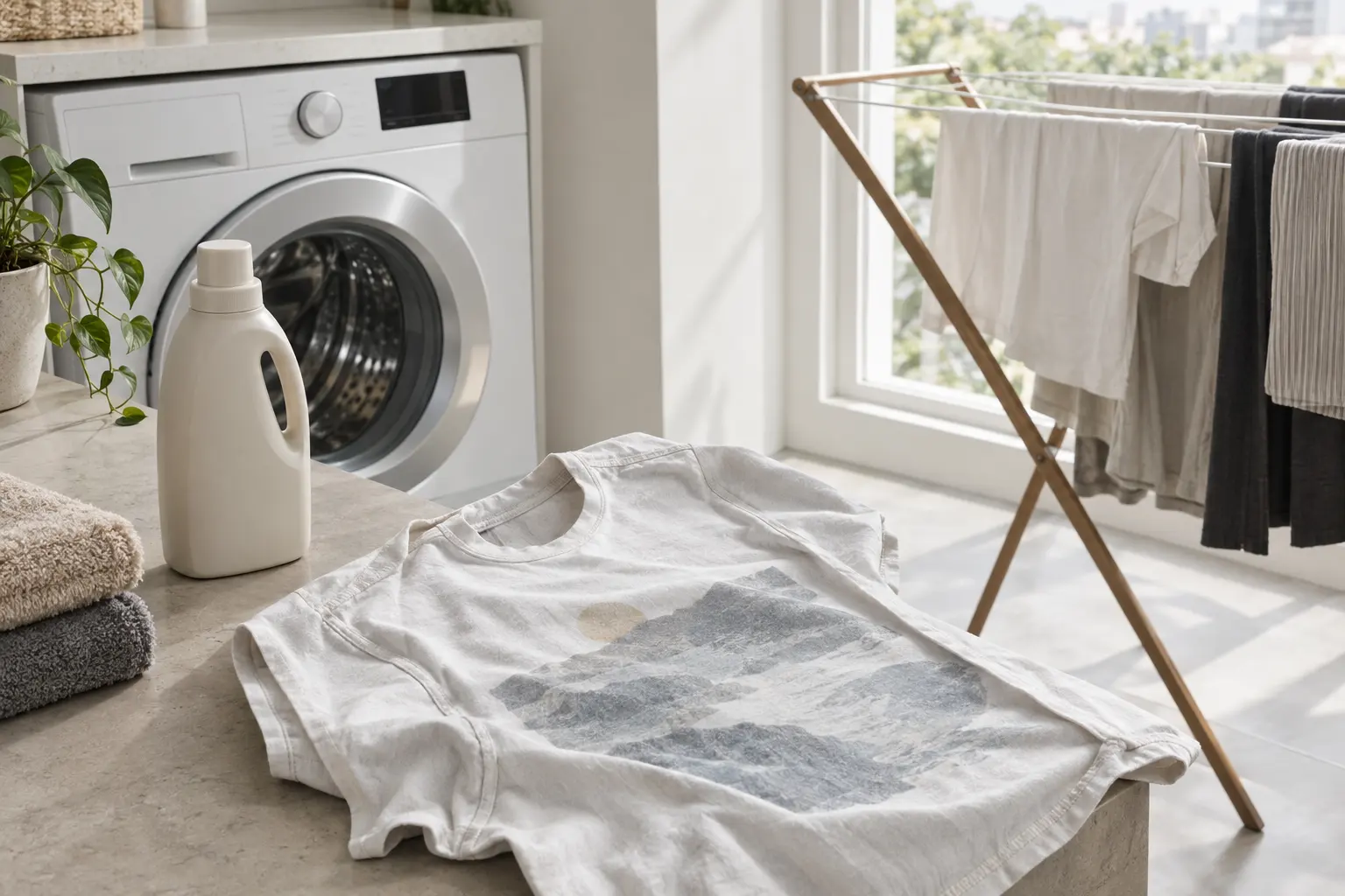 A laundry-care editorial scene with a graphic tee turned inside out beside a clean washing machine, a neutral detergent 