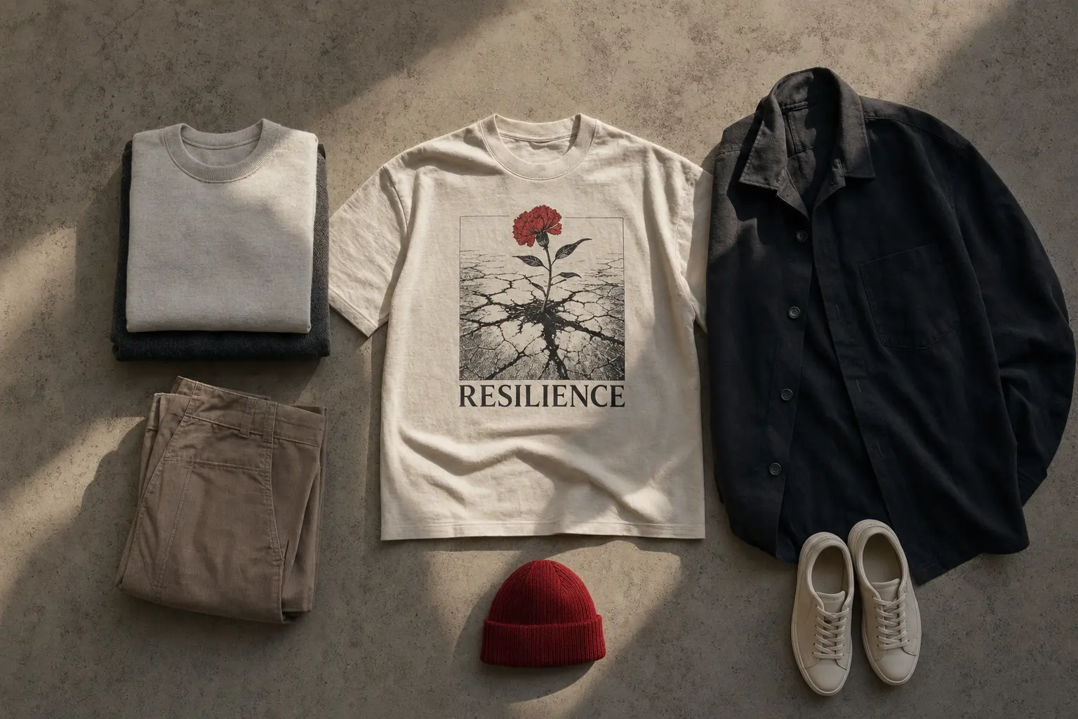 Flat-lay styling study showing a centered resilience graphic tee beside a plain dark overshirt, folded neutral layers, a