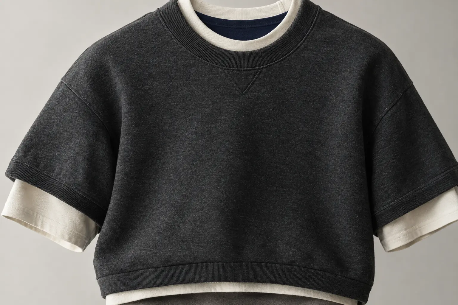 Close editorial crop of a front-print tee under a crewneck sweatshirt, showing only the tee neckline, short sleeve edges