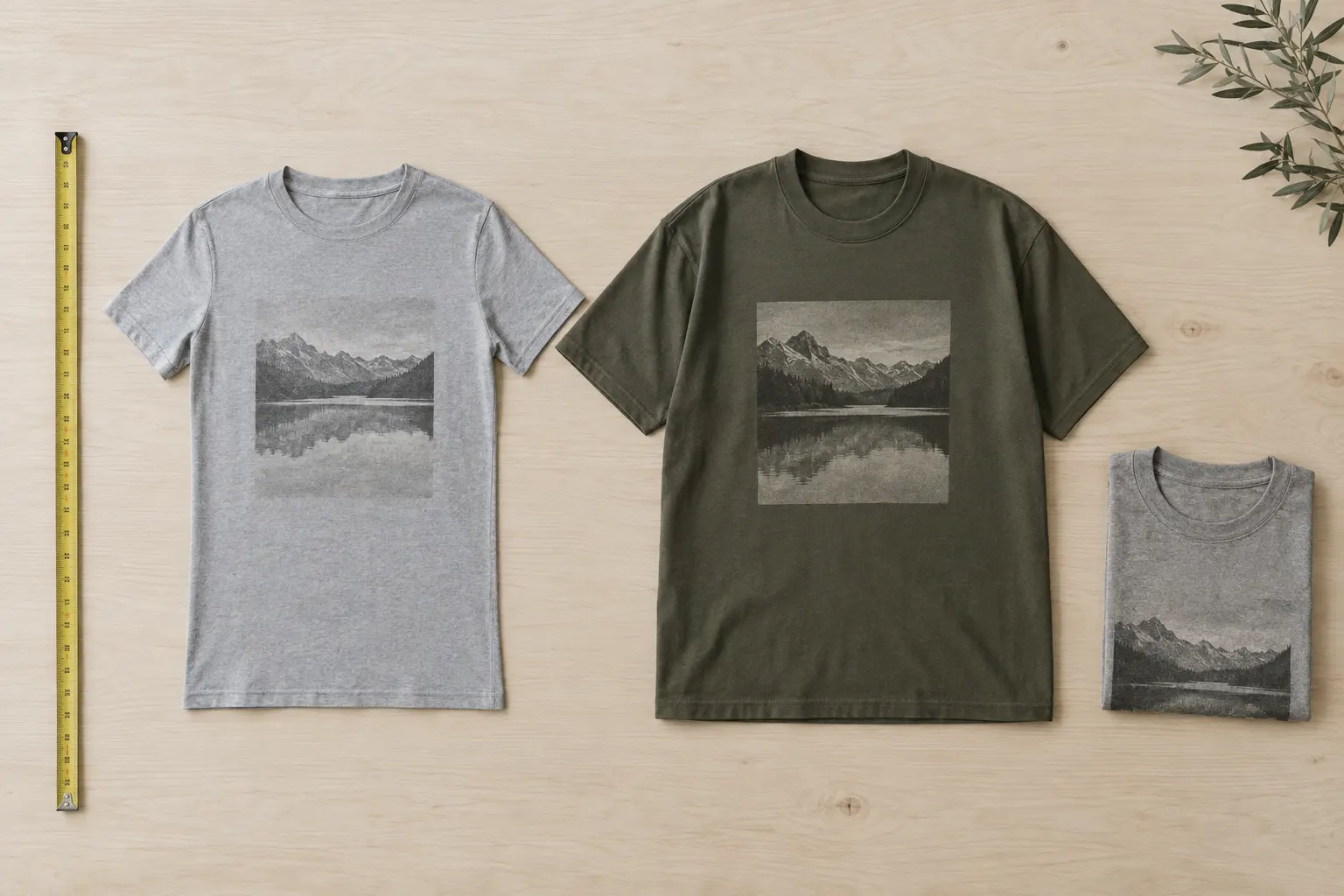 A flat-lay comparison of two short-sleeve crewneck graphic tees beside a measuring tape, one lighter and neatly side-sea