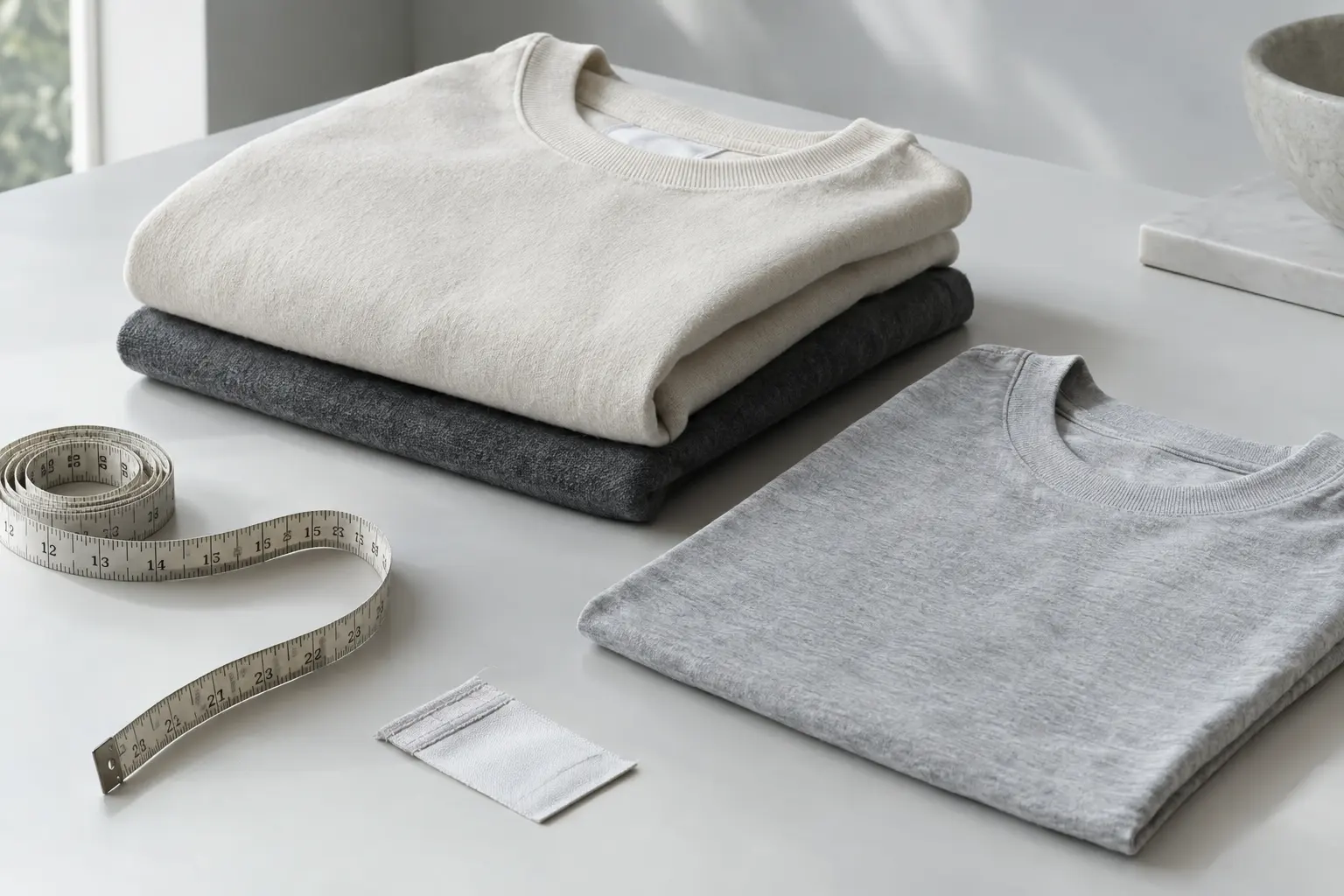 A product-care still life with a folded heavyweight cotton tee, a standard jersey tee, a measuring tape and a visible se