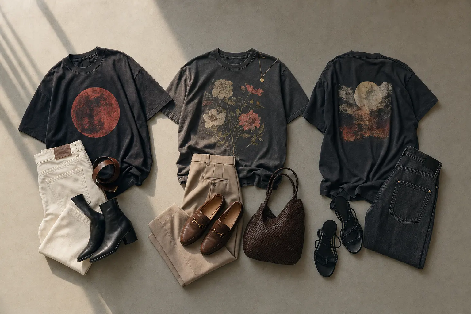Flat-lay styling study showing three carefully edited graphic tee outfit directions on a warm grey surface: a dark heavy